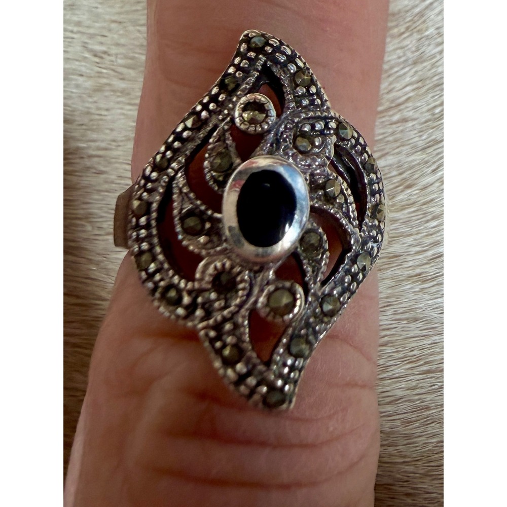 Vintage Sterling Silver 925 Onyx Marcasite Marquise Statement Ring Thailand 63/4